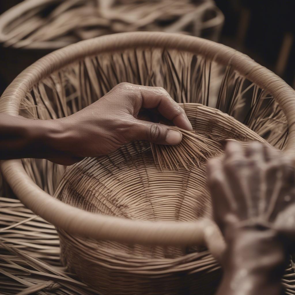 Basket weaver's hands working with reeds to create intricate patterns