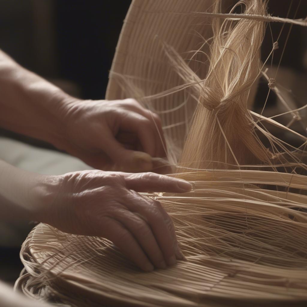 Basket weaver wheels being used to create a wicker basket