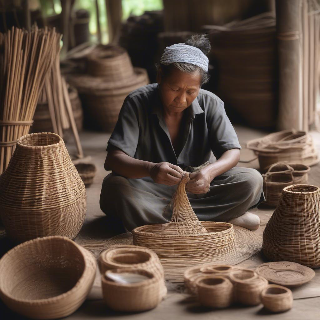 Artisan meticulously weaving a complex basket design