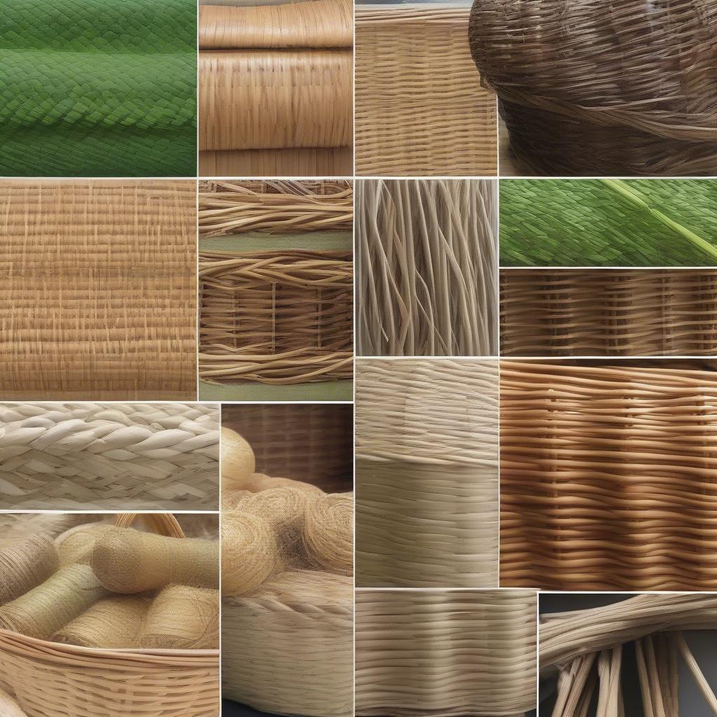 Basket Weaving Border Materials: A variety of natural and synthetic materials suitable for basket borders, including reed, willow, seagrass, and colorful synthetic options.