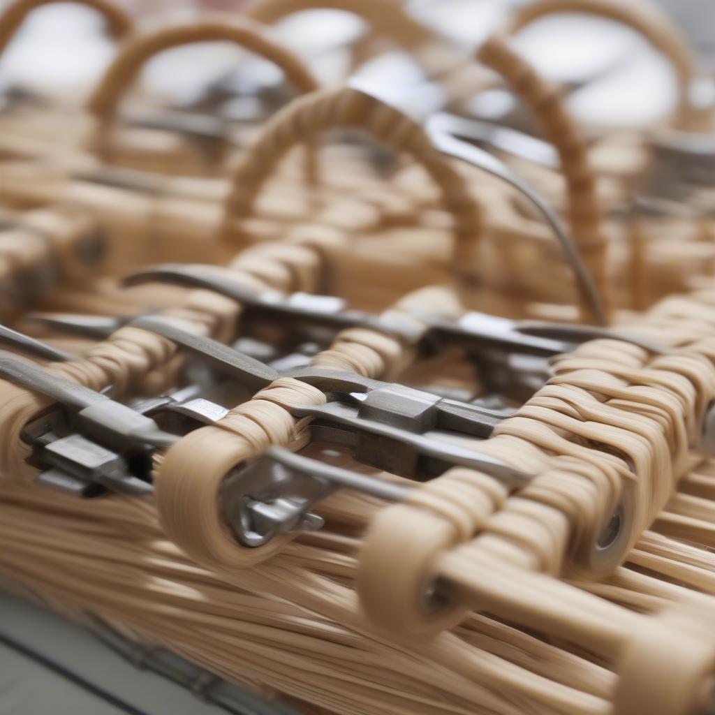 Basket weaving clamps holding wicker tightly during the weaving process