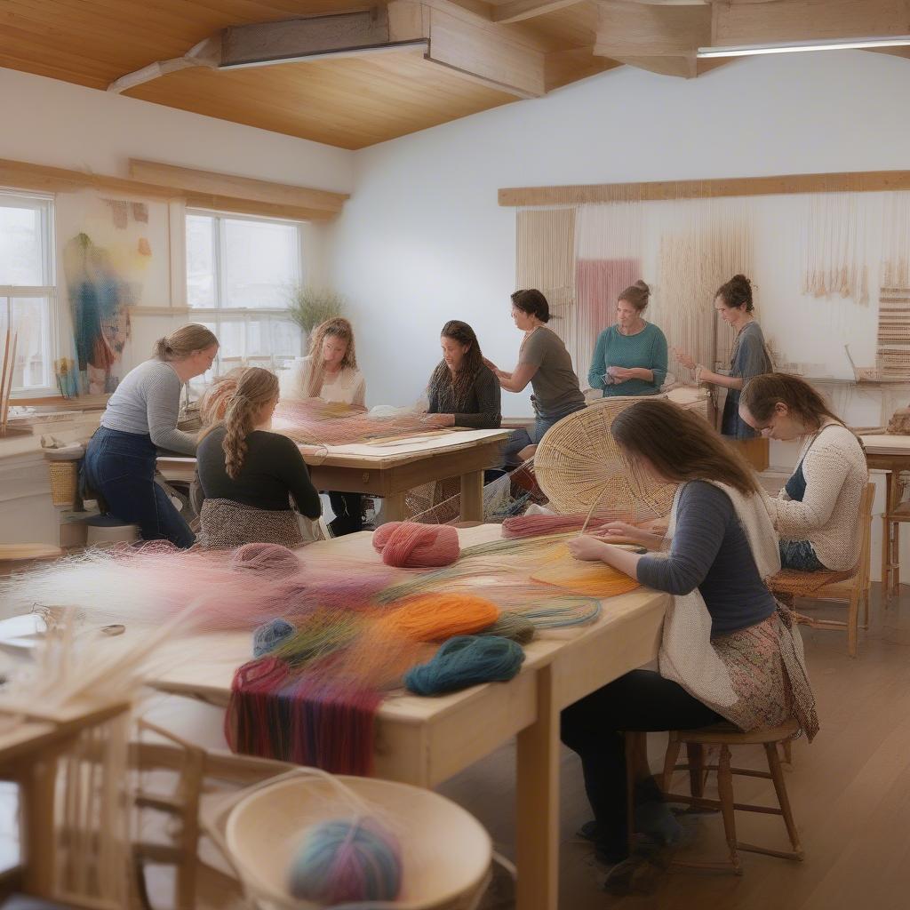 Students learning basket weaving in a Boulder studio