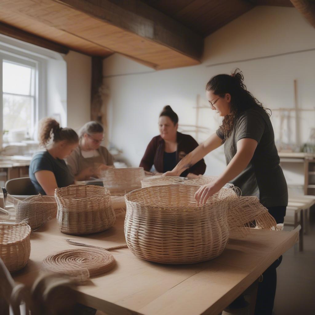 Students learning basket weaving in a Calgary classroom