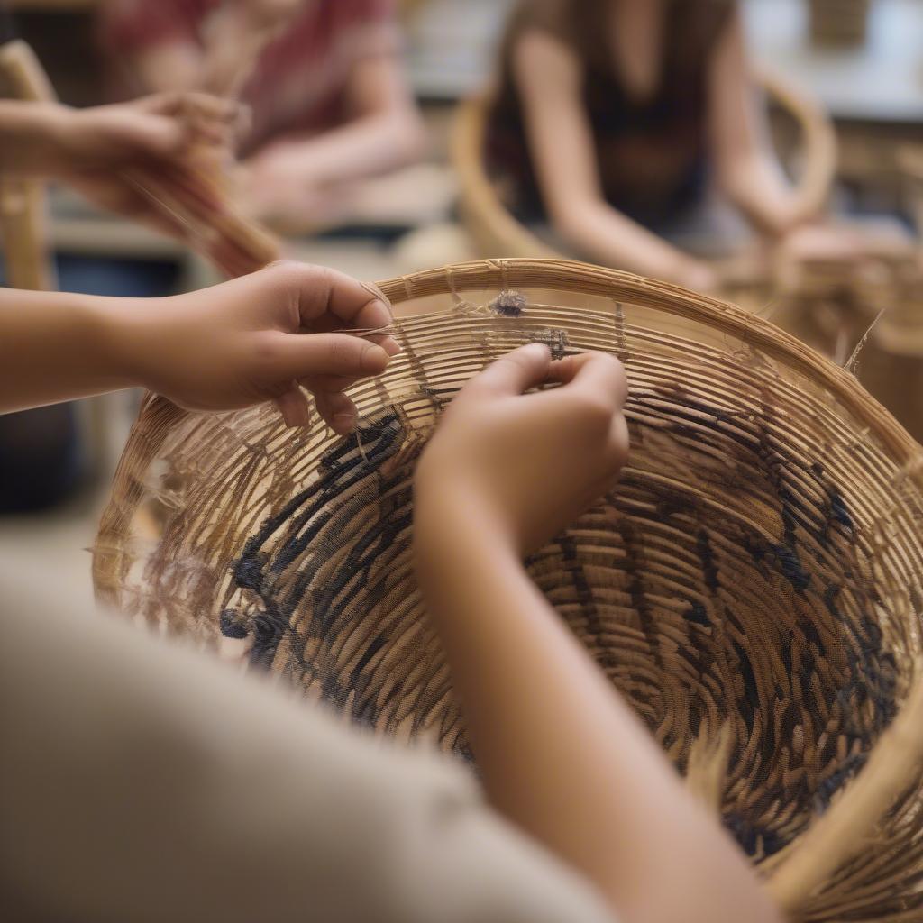 Students working on their baskets in a Lancaster, PA, basket weaving class