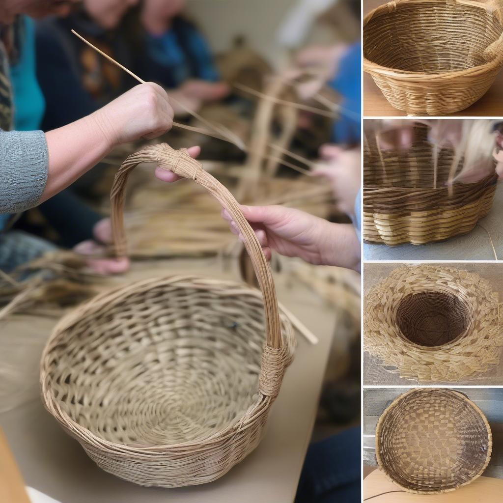 Basket weaving class for beginners in Indianapolis, featuring students learning basic techniques with natural materials.