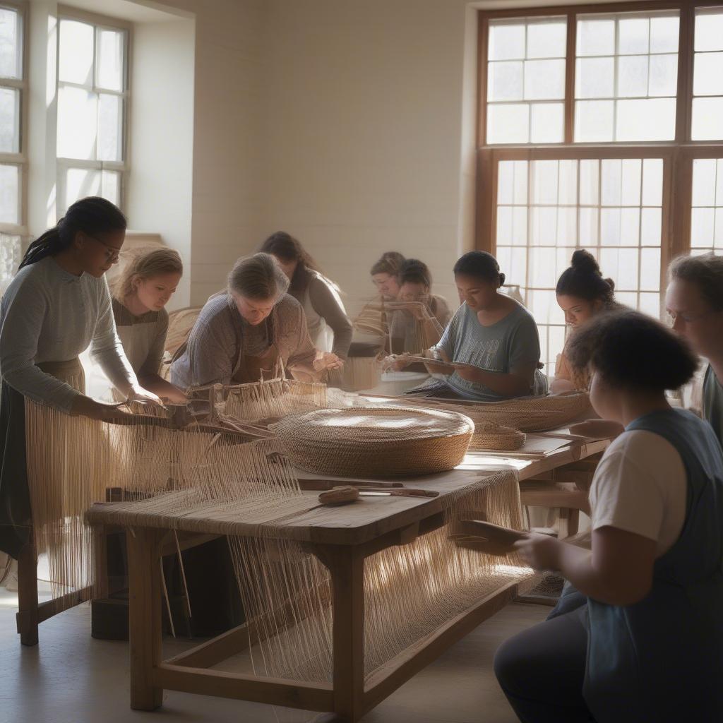 Students learning basket weaving techniques in a Lancaster, PA, workshop