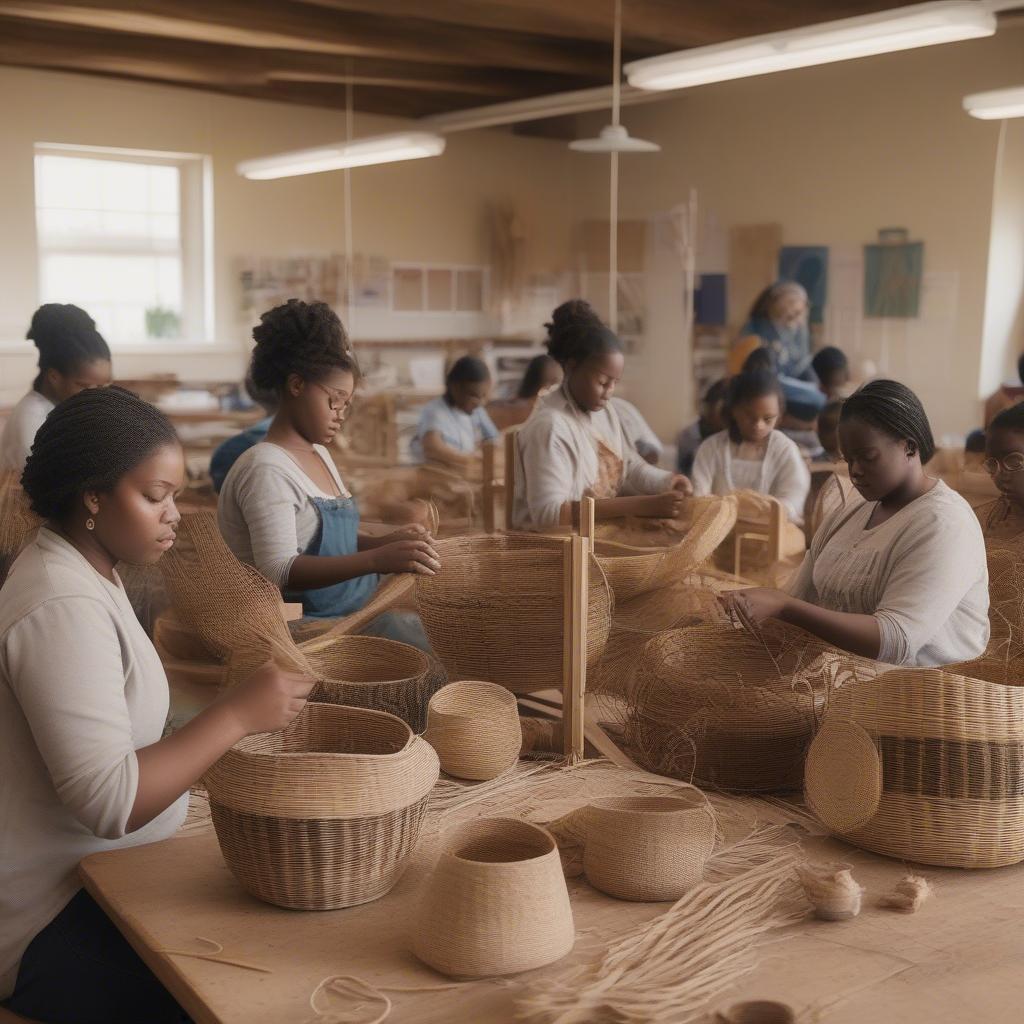 Students learning basket weaving techniques in a Massachusetts workshop