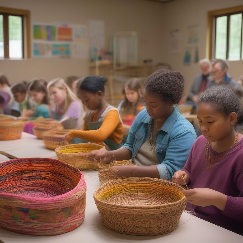 Students actively participating in a basket weaving class in Minneapolis