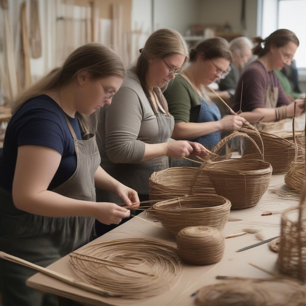 Basket weaving class in Minnesota with students learning different techniques