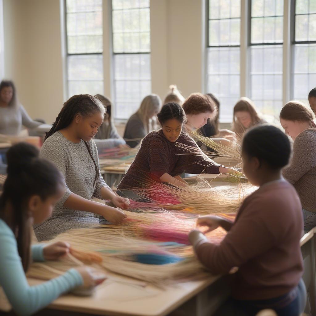 Students learning basket weaving in a Northern Virginia classroom