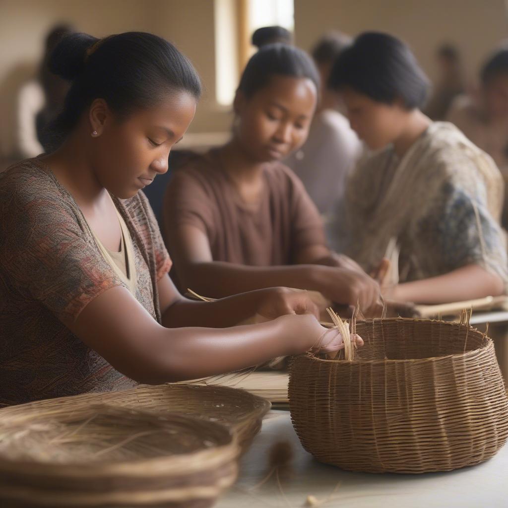 Students learning basket weaving techniques in an Olympia, WA workshop