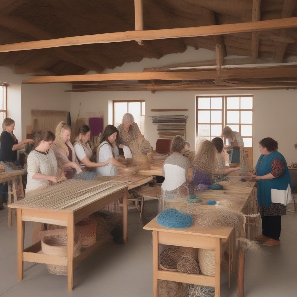 Students learning basket weaving in a Santa Fe studio