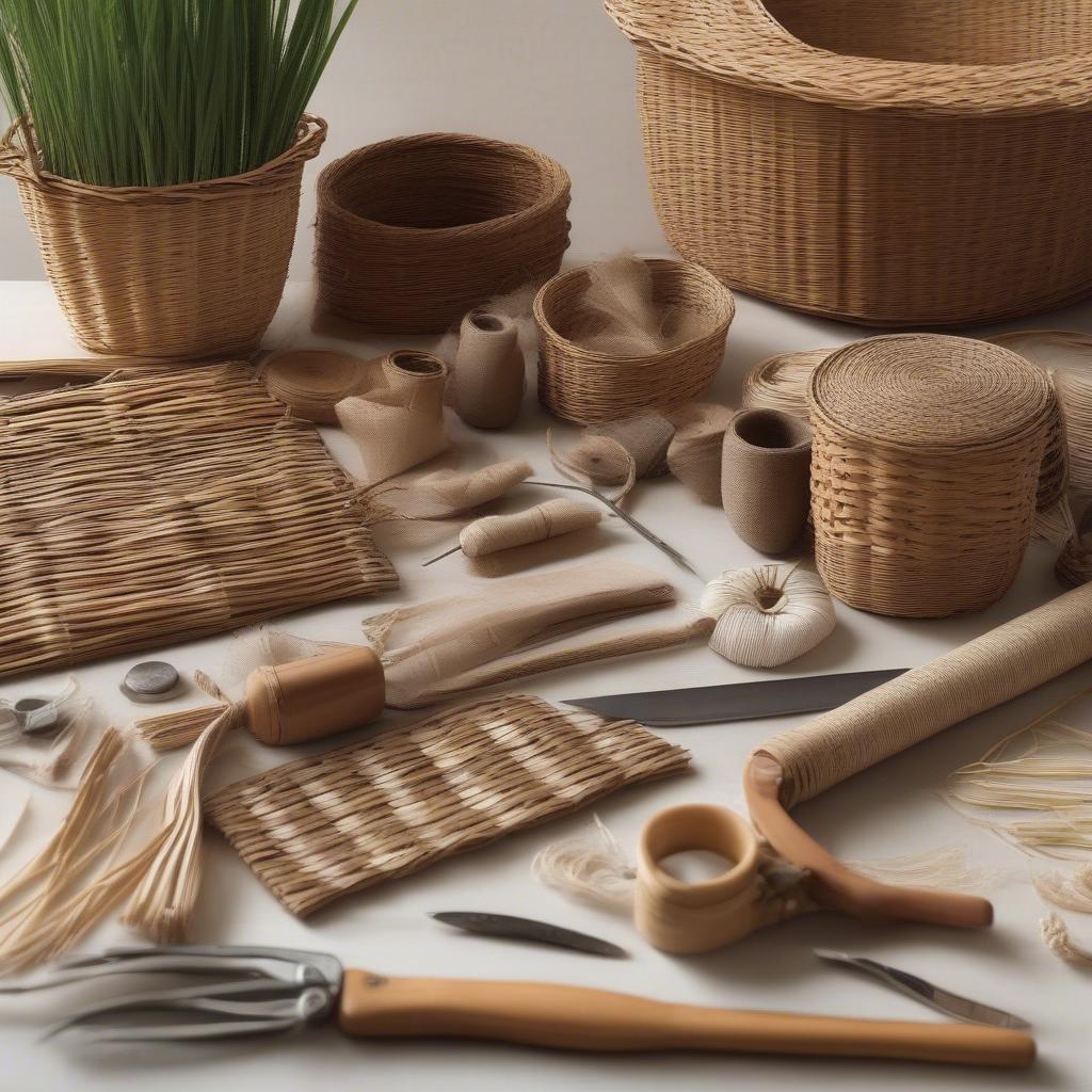 Various basket weaving materials and tools laid out on a table.