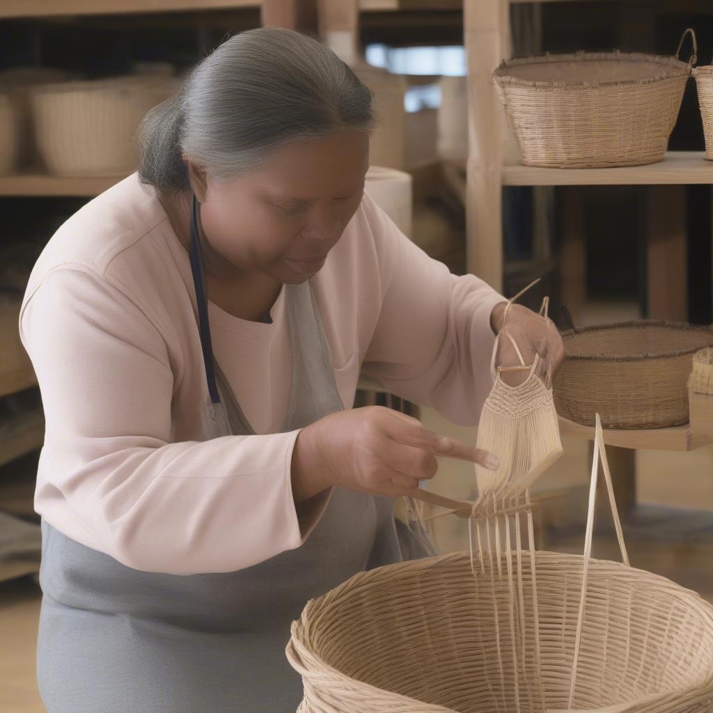 An experienced basket weaving instructor demonstrating various techniques to a small group of students.