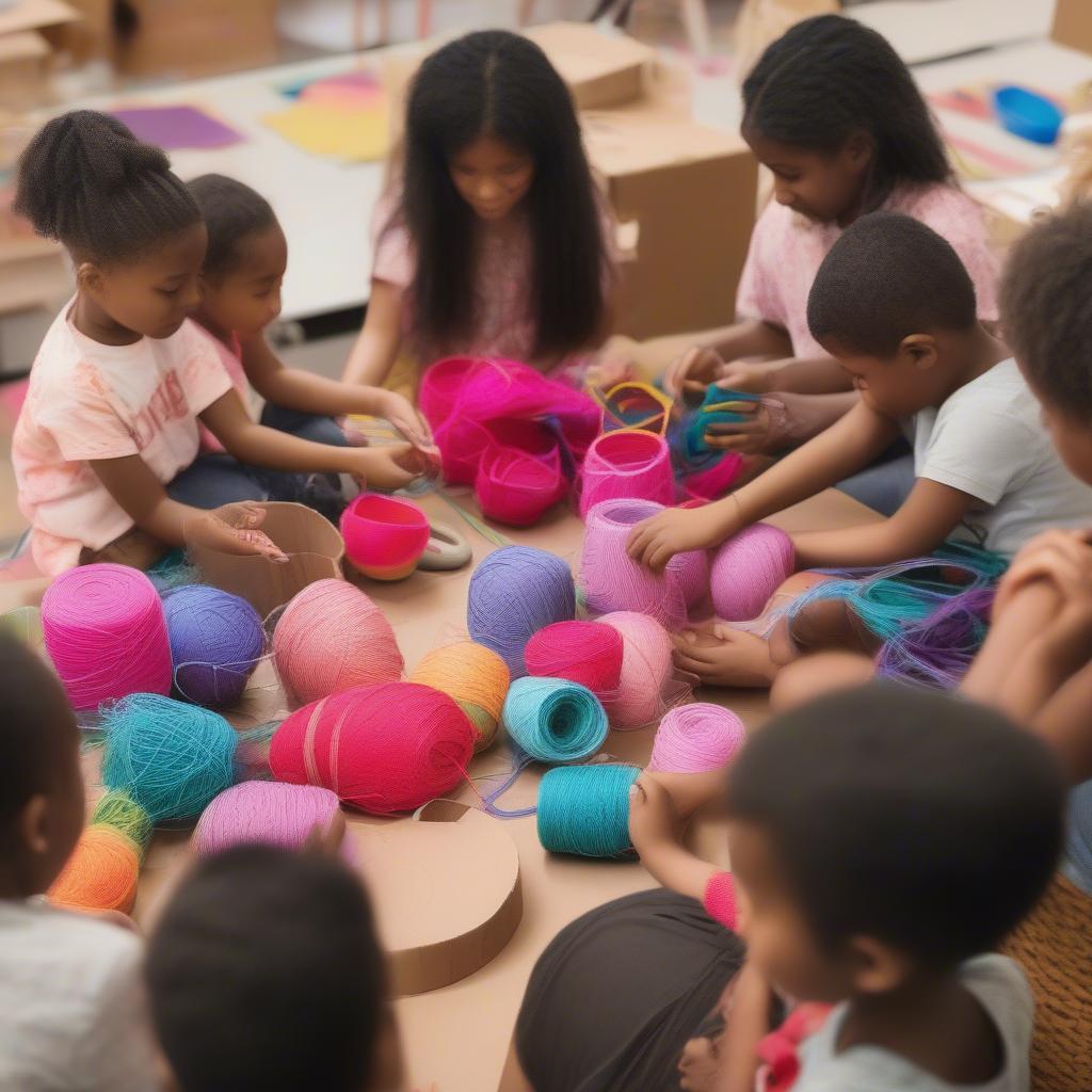 Kids weaving a colorful yarn basket