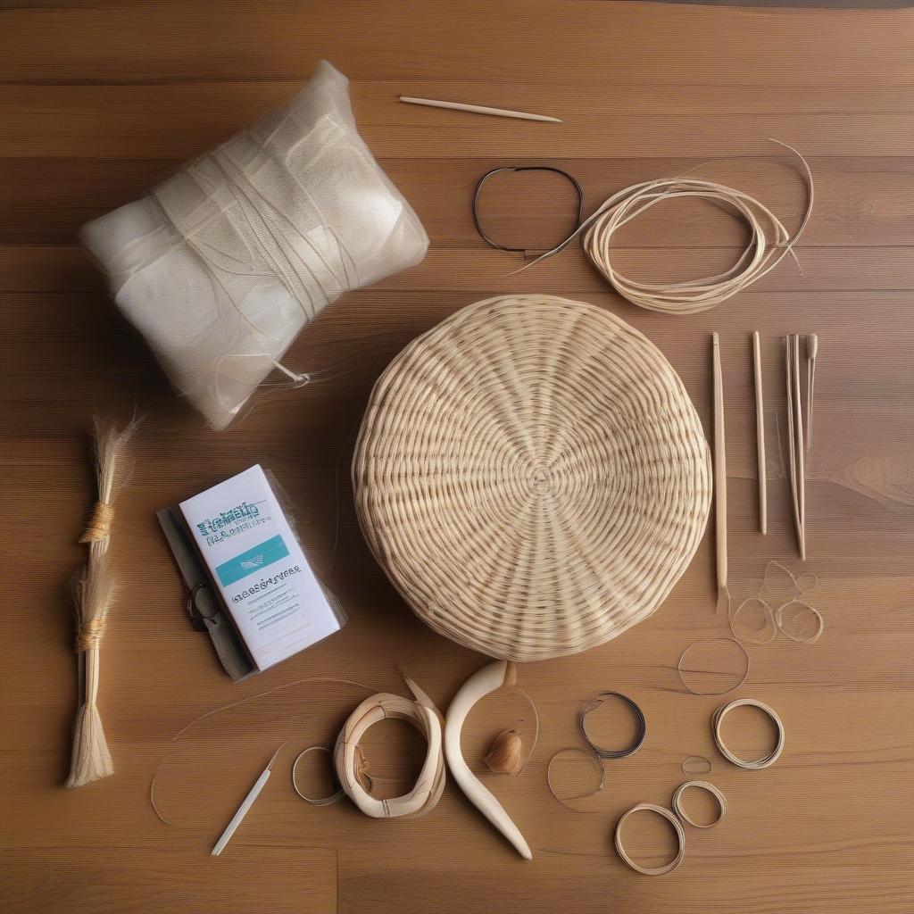 Basket weaving kit for beginners with various materials and tools.