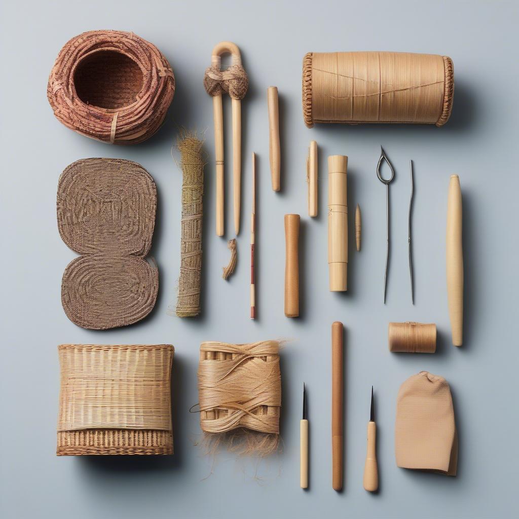 A comprehensive basket weaving kit displayed with all its contents, including reeds, tools, and instructions.