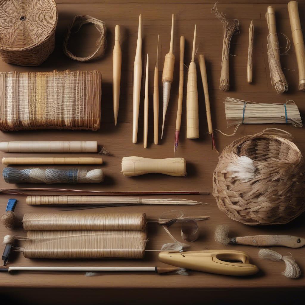 Variety of materials and tools for basket weaving