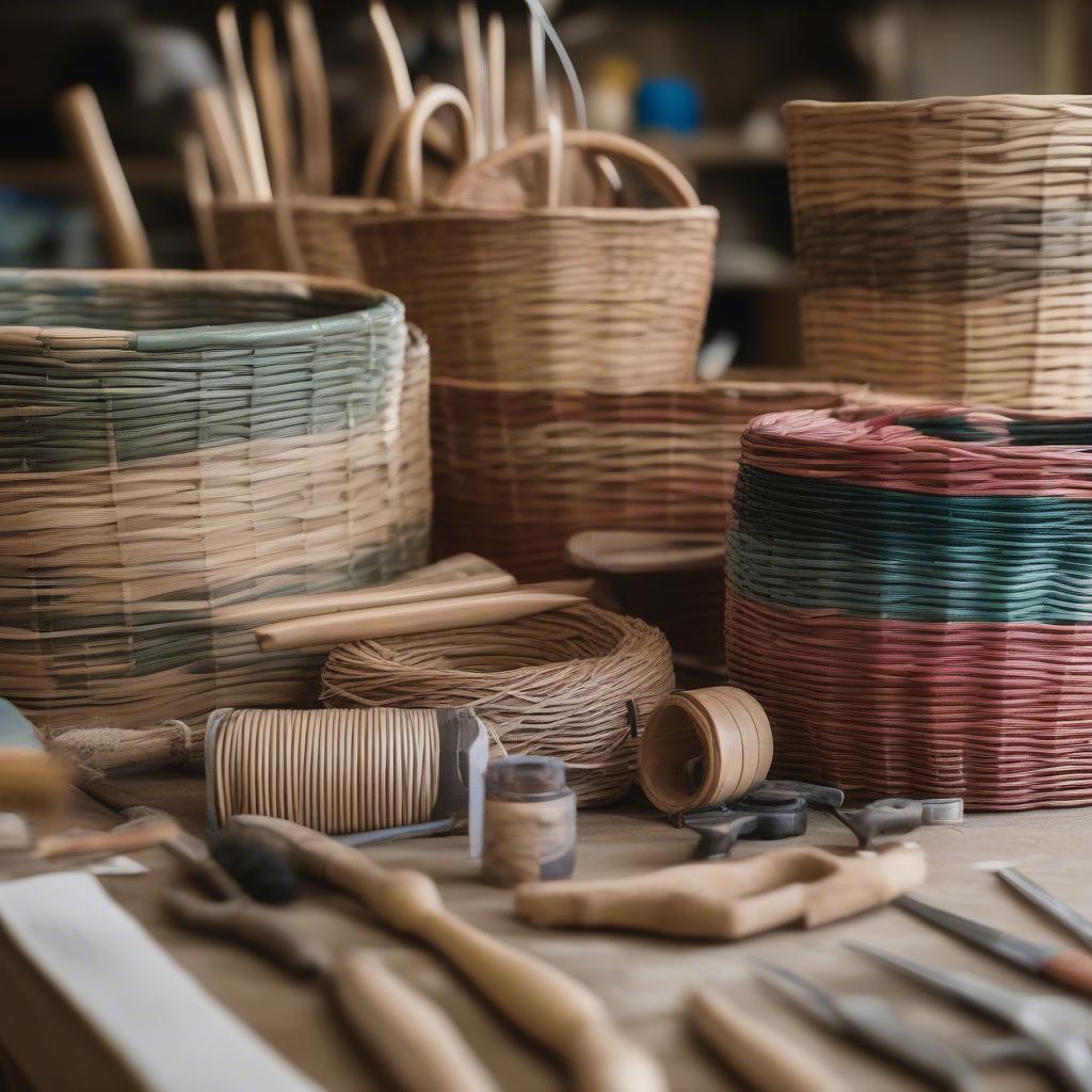 Various basket weaving materials like rattan, wicker, and tools in a New Orleans workshop