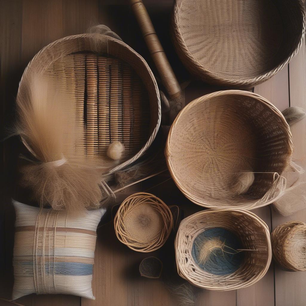 Variety of basket weaving materials like reed, willow, and rattan displayed on a table in Olympia, WA