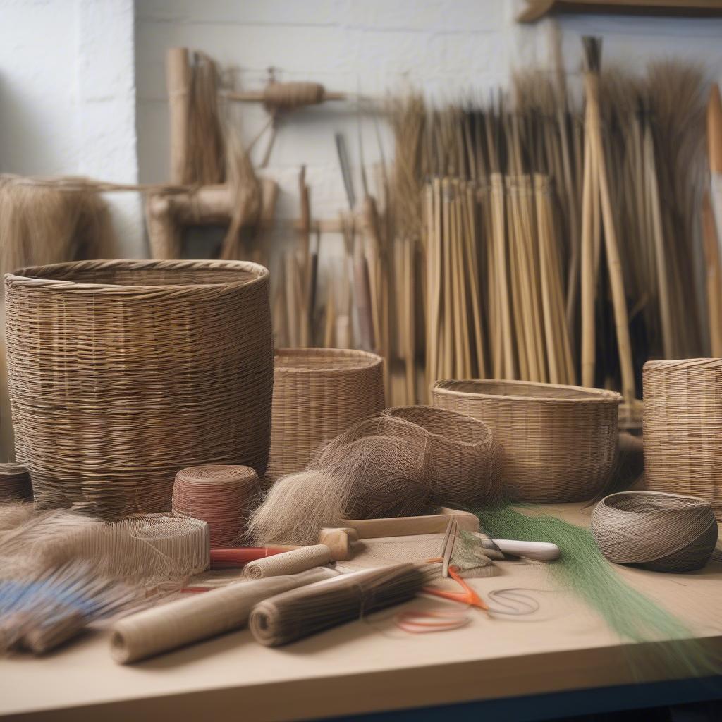 Various basket weaving materials like wicker and rattan in a Wicklow workshop.