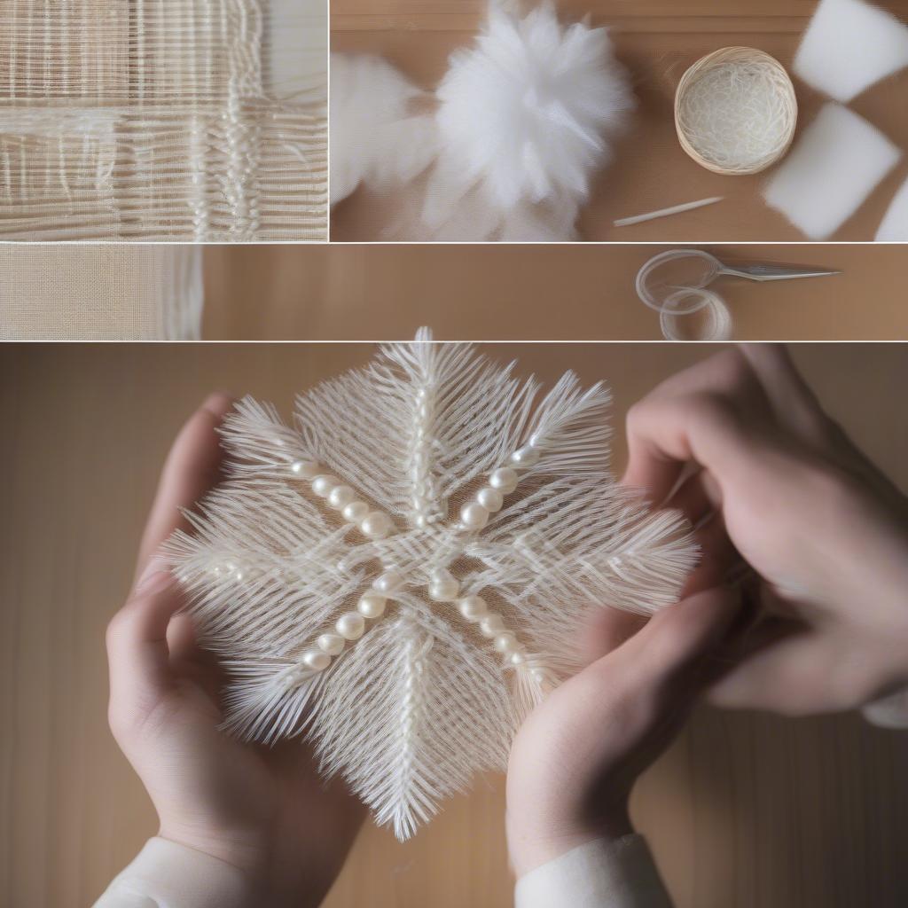 Basket Weaving Snowflake Process: Step-by-step demonstration of the weaving process, showing the hands manipulating the materials and the gradual formation of the snowflake shape.