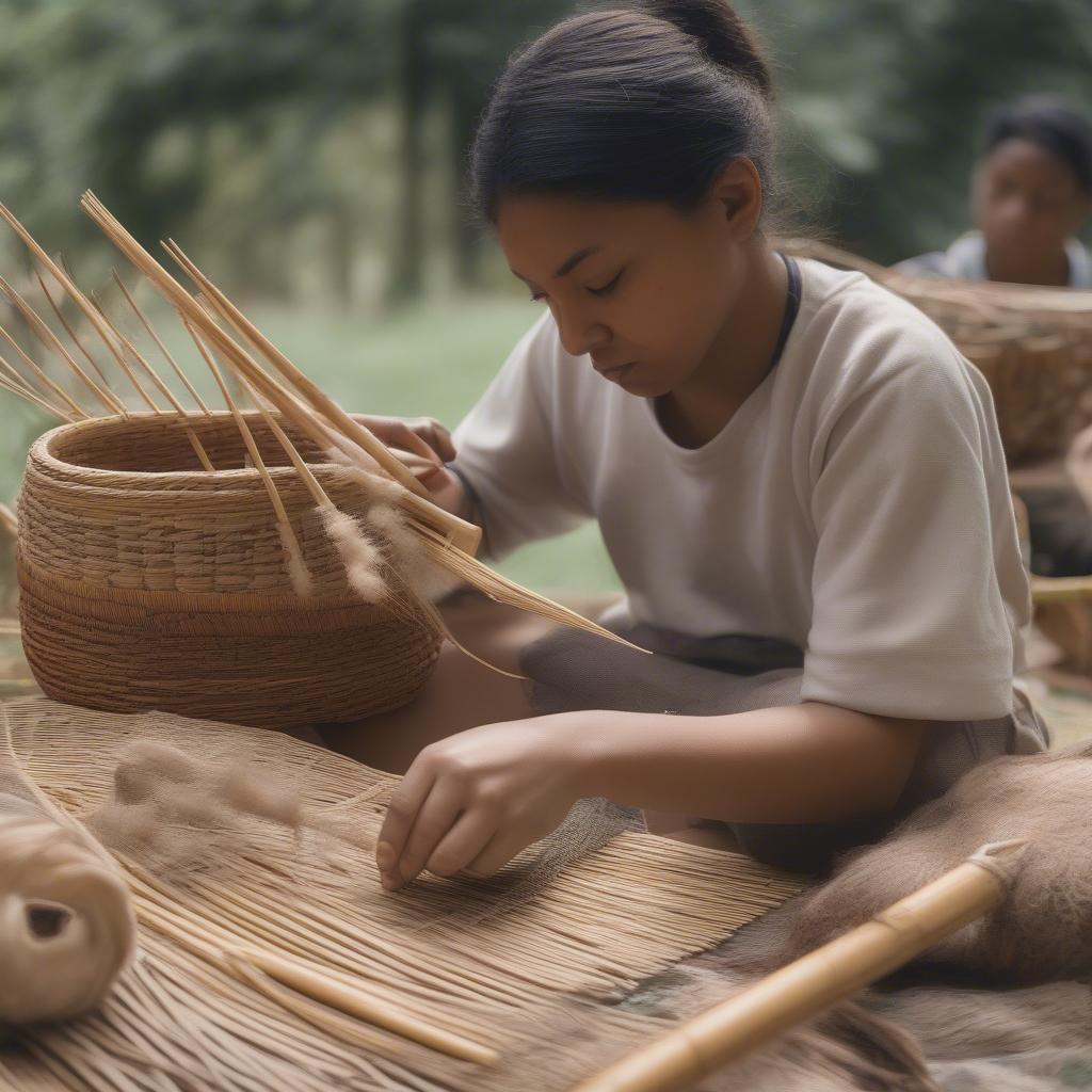 Student Learning Basket Weaving Techniques in a Craft Class