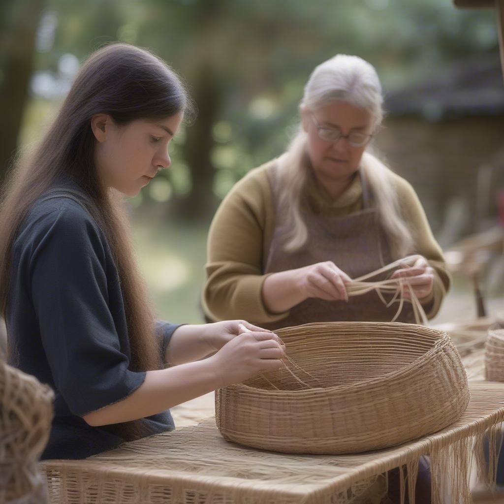 Student learning traditional basket weaving techniques