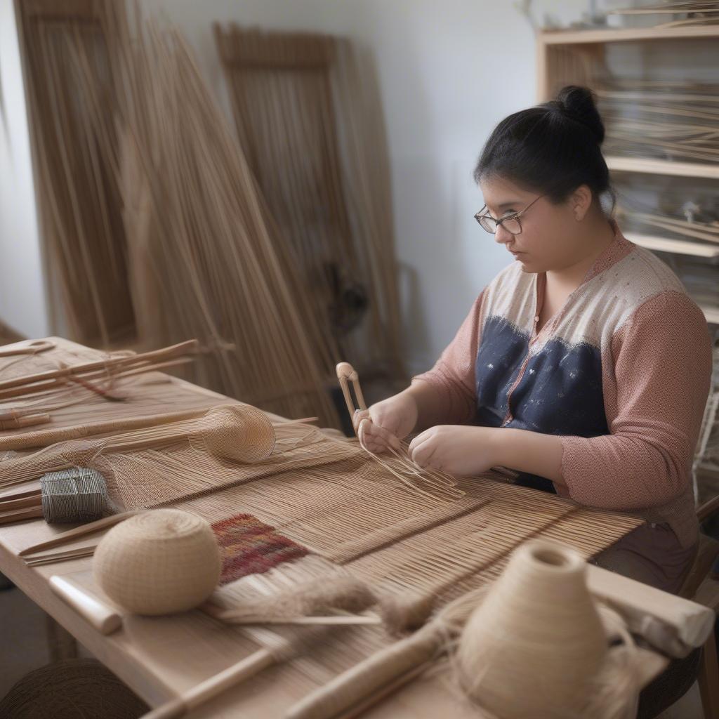 Student working with rattan in a basket weaving class