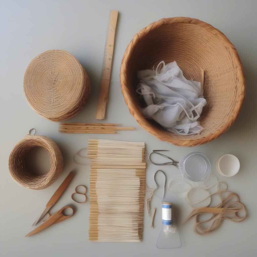 Basket Weaving Supplies: Reed, Base, Soaking Container, Scissors, Measuring Tape, and Clothes Pegs