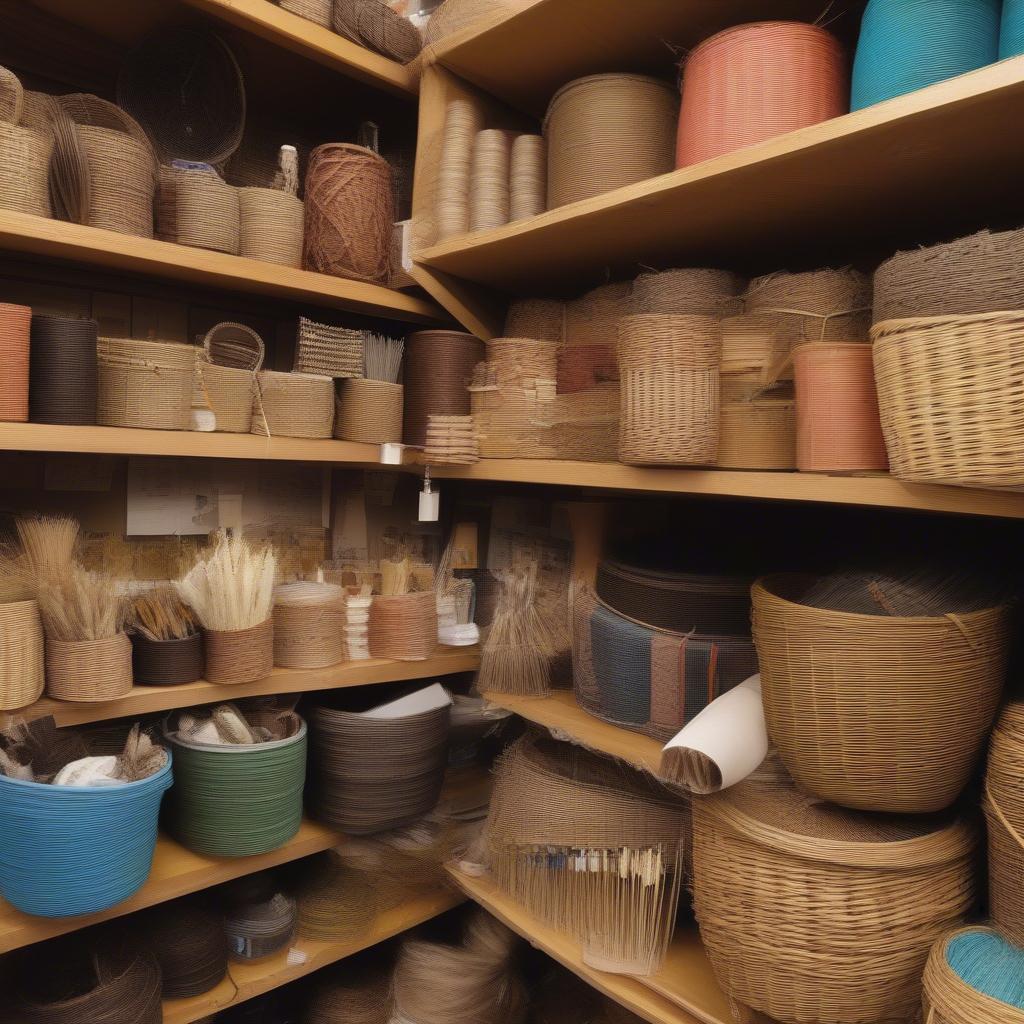 Basket Weaving Supplies in Columbus Ohio: A variety of reeds, wicker, and tools displayed on a table at a local craft store.