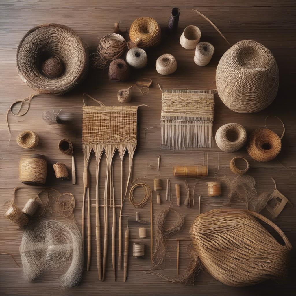 Basket weaving supplies laid out on a table in New Zealand, ready for a crafting session.