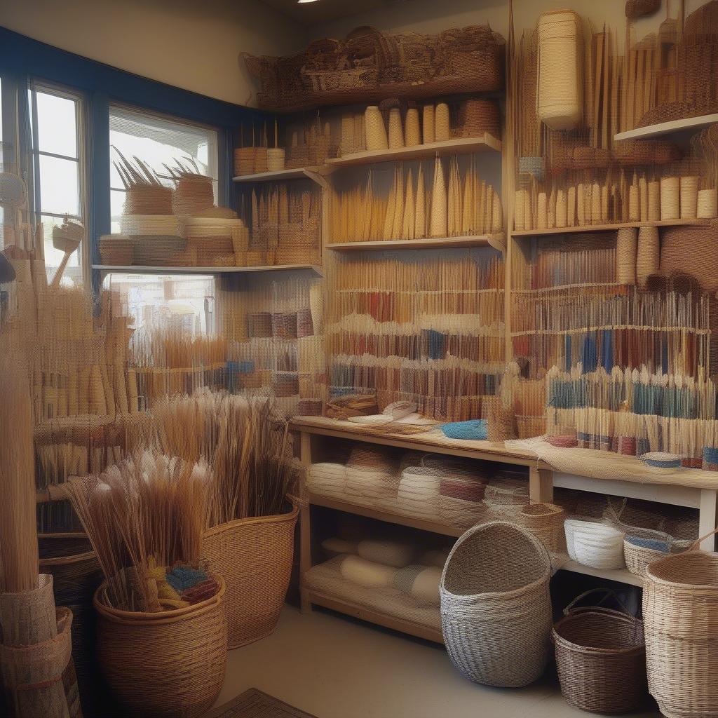 Basket weaving supplies shop in Indianapolis, displaying a wide variety of materials and tools.