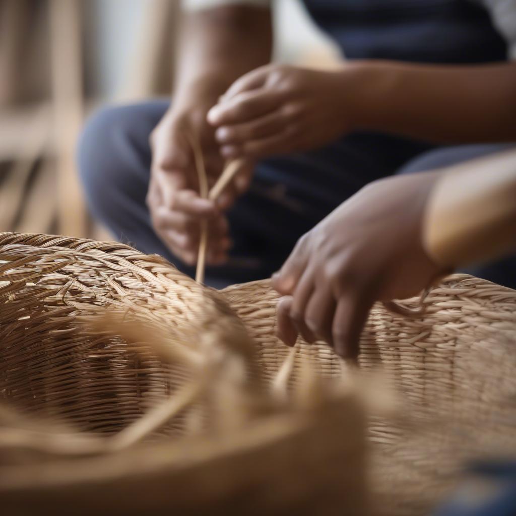 Basket weaving teacher demonstrating coiling technique to a student