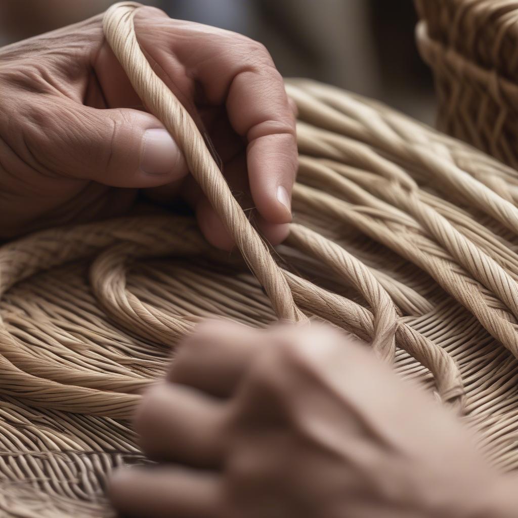 Close-up of hands demonstrating various basket weaving techniques, including coiling, twining, and plaiting, using natural materials.