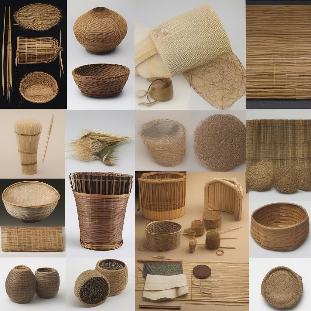 Various basket weaving techniques and materials used in feudal Japan, showcasing the diversity and skill of Japanese artisans.