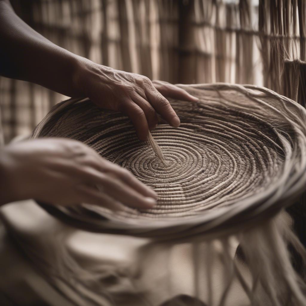 Close-up of hands weaving a basket with natural fibers