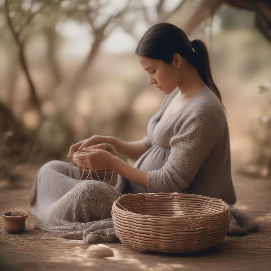 A pregnant woman finds solace and relaxation through basket weaving.