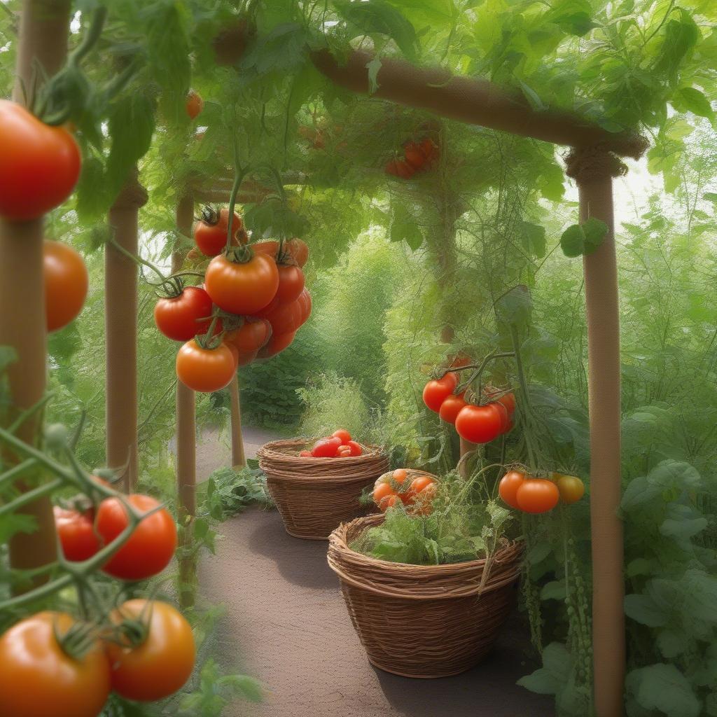 Basket Weaving Tomatoes in a Garden