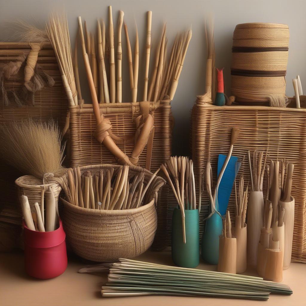 Close-up view of basket weaving tools and various natural materials, including reeds, wicker, and rattan.