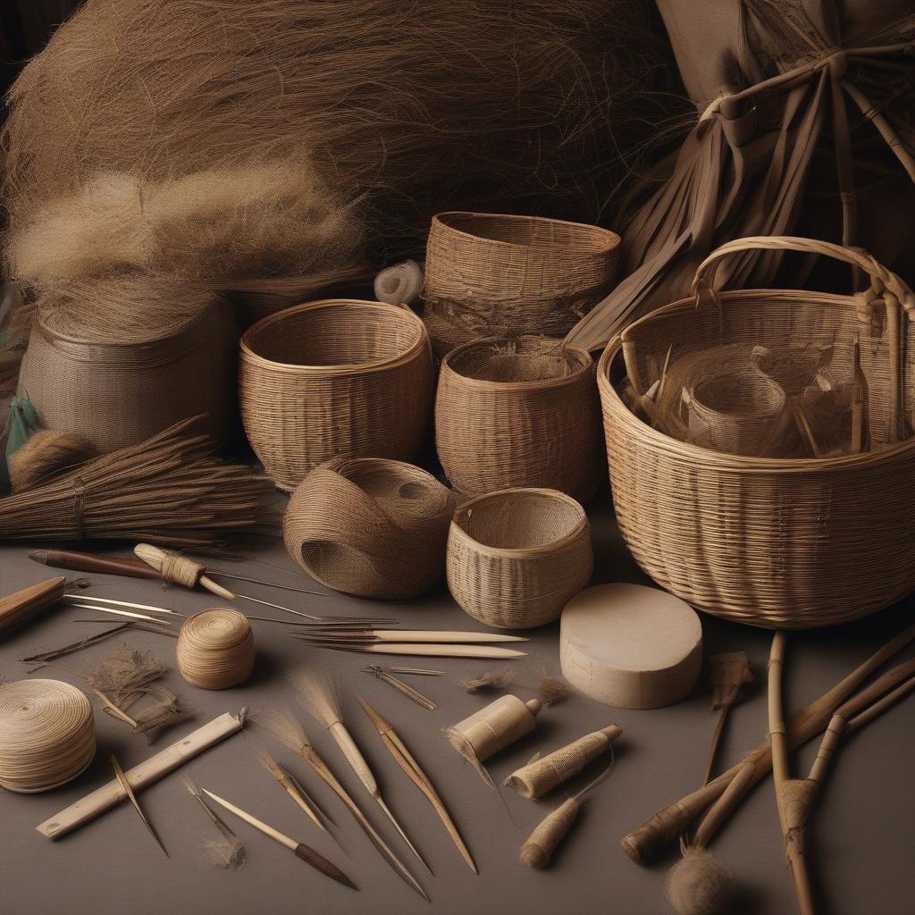 A table displaying various basket weaving tools and natural materials