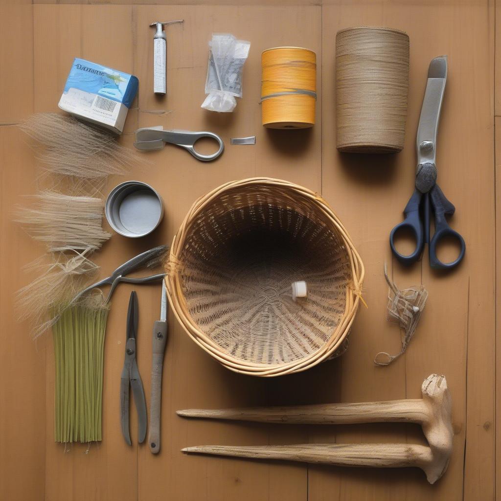 Essential tools and supplies for basket weaving, including soaking bucket, pruning shears, and measuring tape.