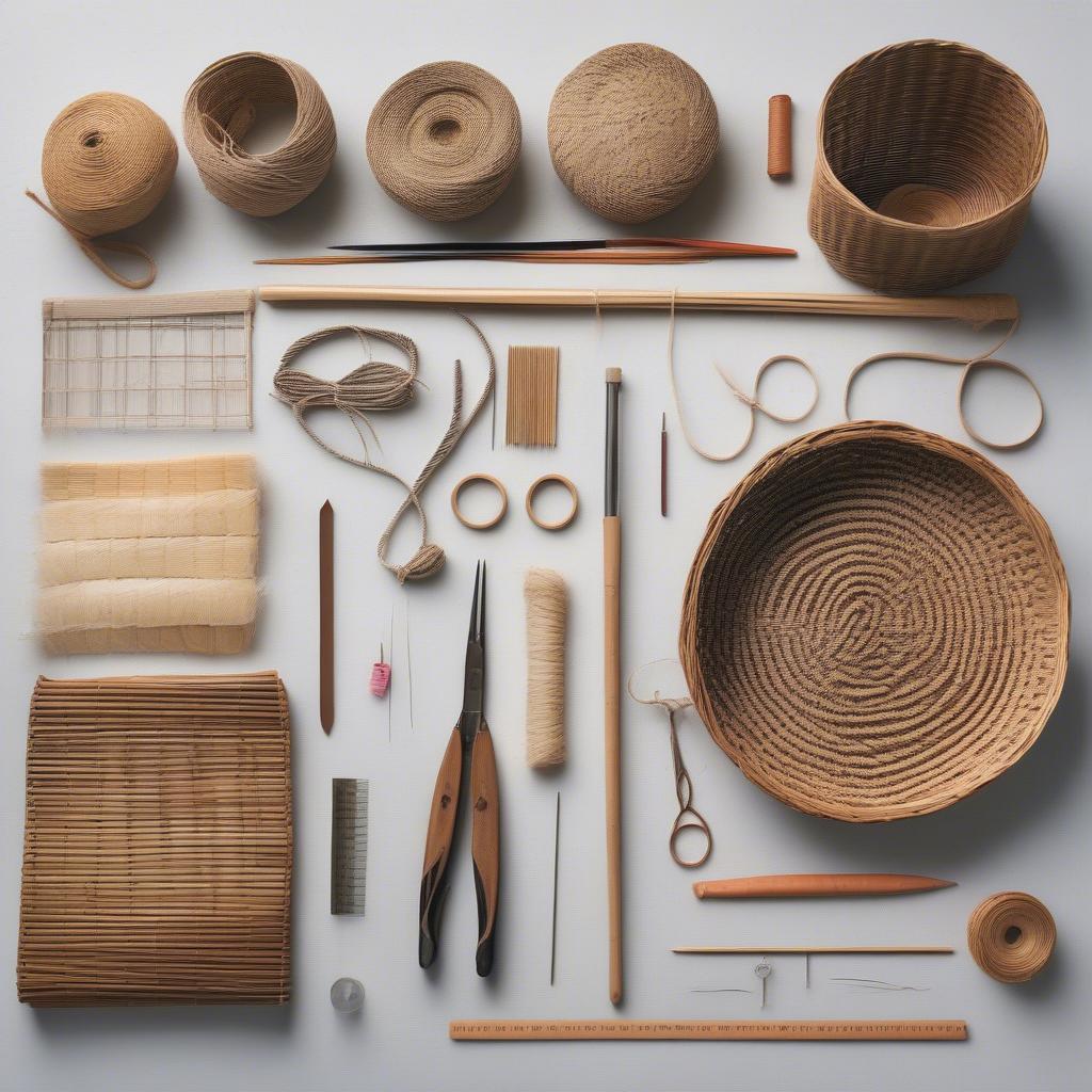 Various tools and materials for basket weaving.