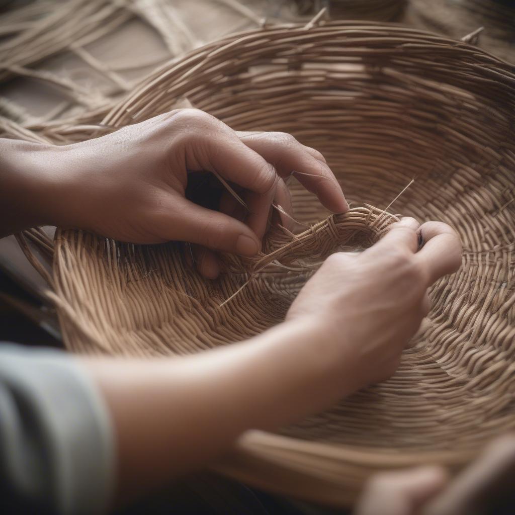 Close-up of hands using the twining technique in a basket weaving class