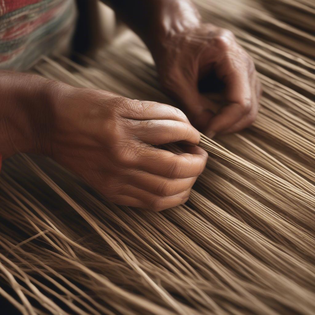 Close-up view of the twining technique in basket weaving, showing the interlacing of weavers and stakes.