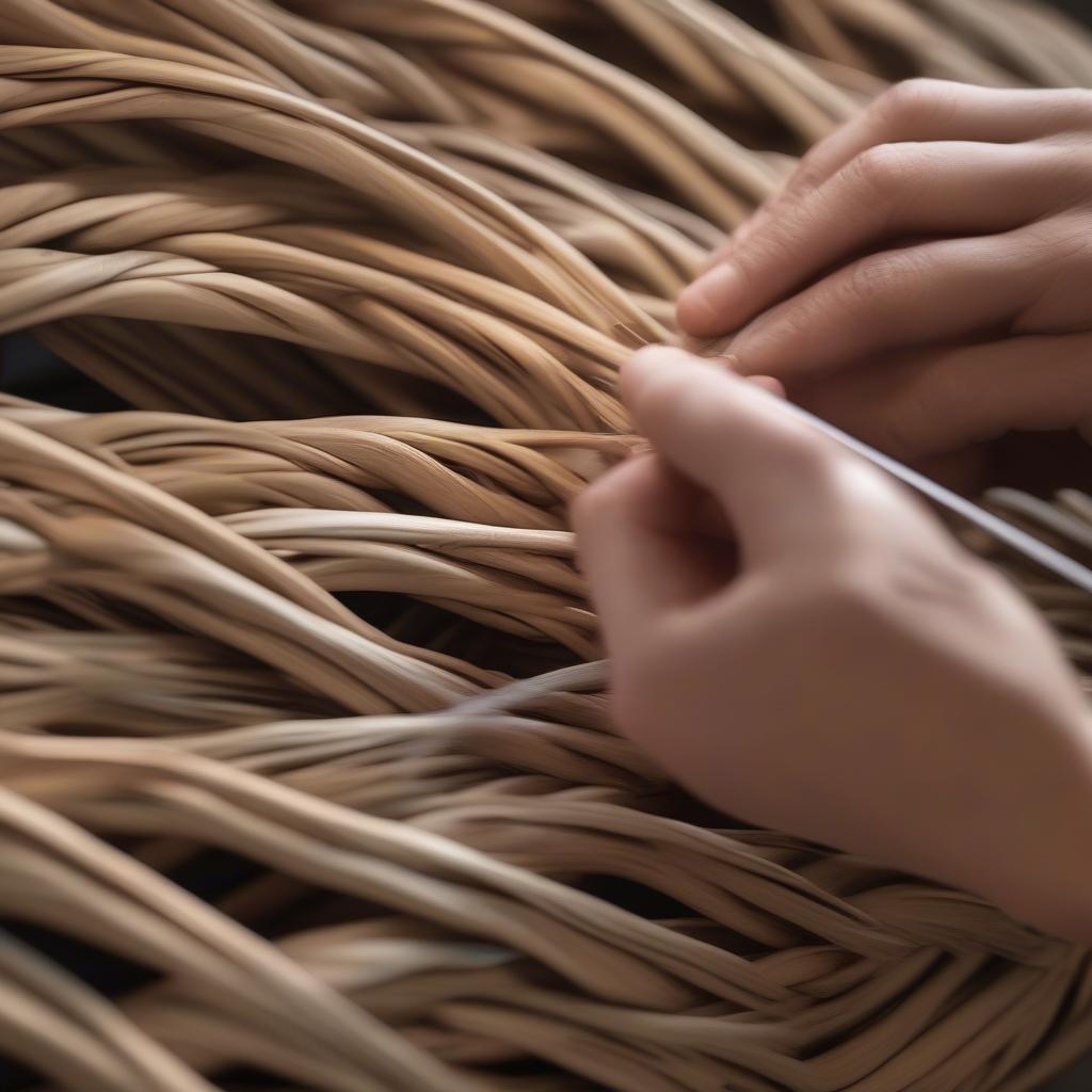 Close-up of Hands Weaving Rattan with Basket Weave Pattern