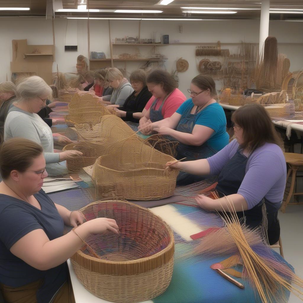 Basket weaving workshop in Portland, Oregon, with students learning various techniques from an experienced instructor.