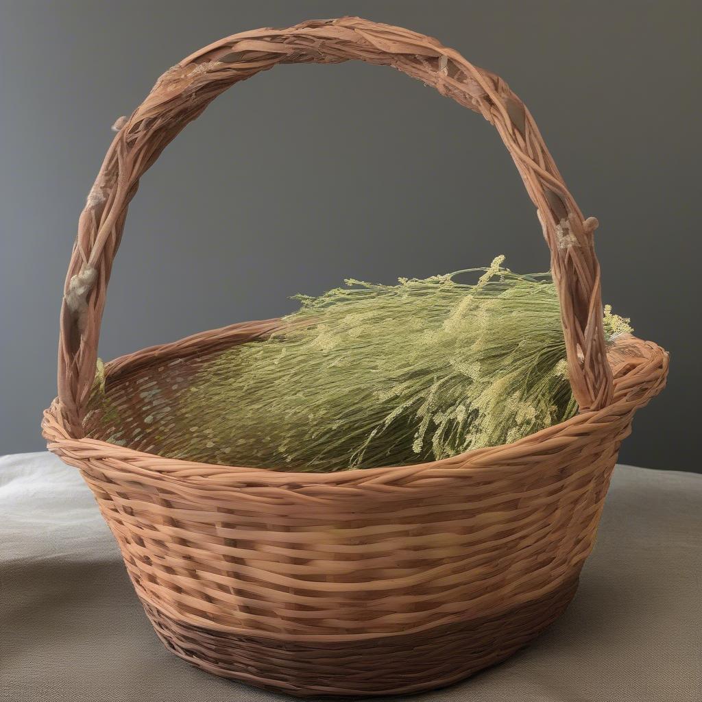 A woven basket decorated with weeping willow branches.