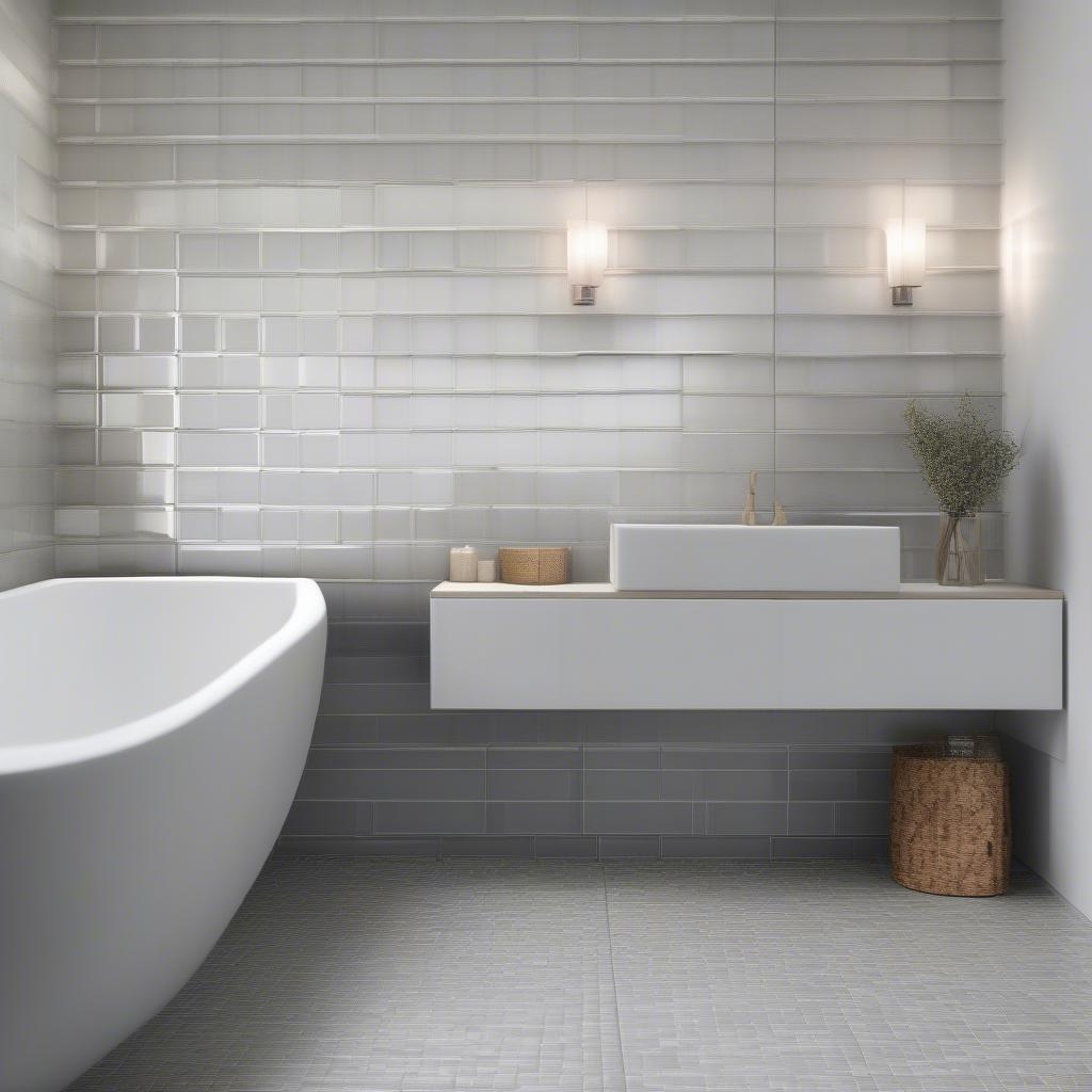 Bathroom Backsplash with White and Gray Shimmer Basket Weave 4x6 Tile