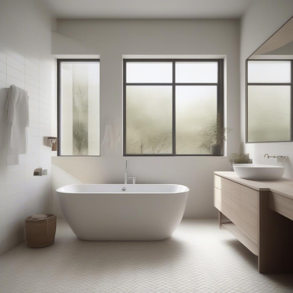 A bathroom floor featuring light-colored basket weave tiles, creating a clean and elegant space.